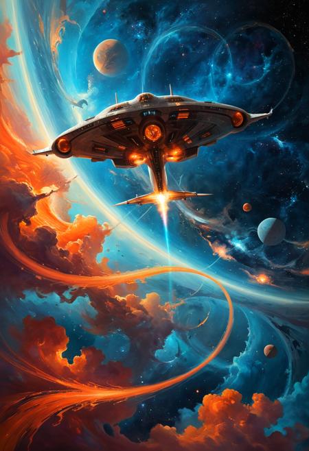 AE_Ev5_WIP_4_by Sabbas Apterus and Andre Kohn, A futuristic spaceship soars through a celestial tapestry, its sleek form elegantly juxtaposed against swirling nebulas in a vibrant symphony of cosmic blues and fier_20240812170758_0001.png